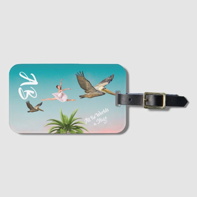 Pelicans Palm tree Beach Sky Luggage Tag (Front Horizontal)