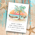 Pelicans & Palm Tropical Beach Coastal Christmas Holiday Card<br><div class="desc">Coastal Christmas card features two pelican sea birds flapping their wings in joy at seeing a palm tree Christmas tree and presents on the beach. Greeting says "Good Tidings For Christmas and a Flappy New Year". The greeting and name can be personalised. Happy Holidays! Art by KL Stock.</div>