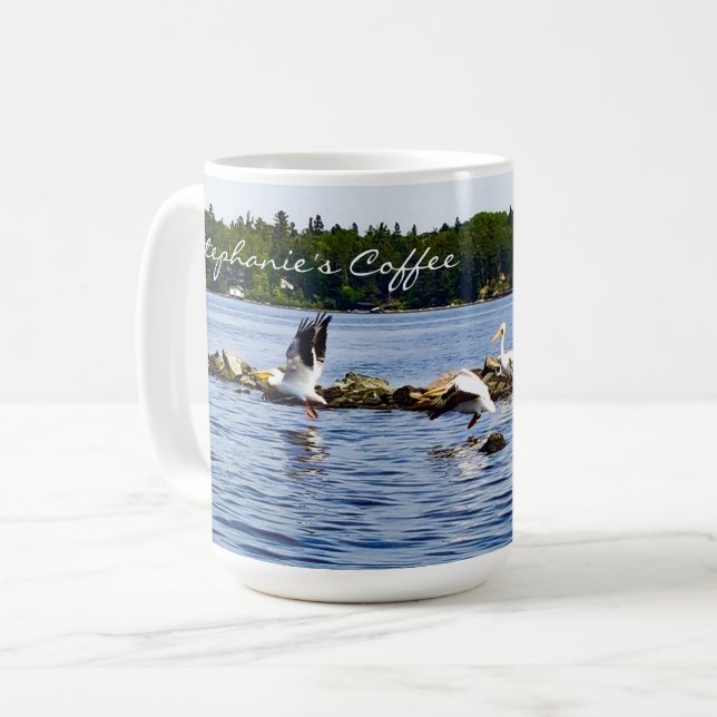 Pelicans Taking Flight from the Lake Personalised Coffee Mug (Front Left)