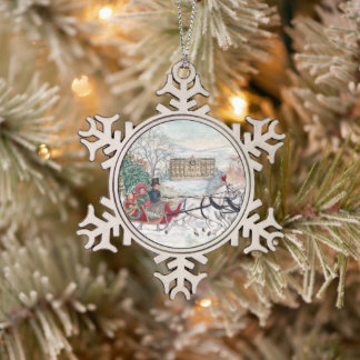 Pemberley Sleigh Ride - Jane Austen Snowflake Pewter Christmas Ornament