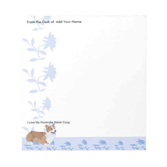 Pembroke Welsh Corgi, Blue Flowers Notepad (Front)