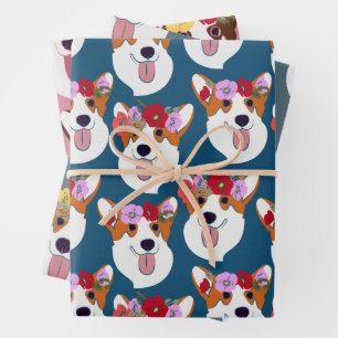 Pembroke Welsh Corgi Cartoon Head in three colours Wrapping Paper Sheet