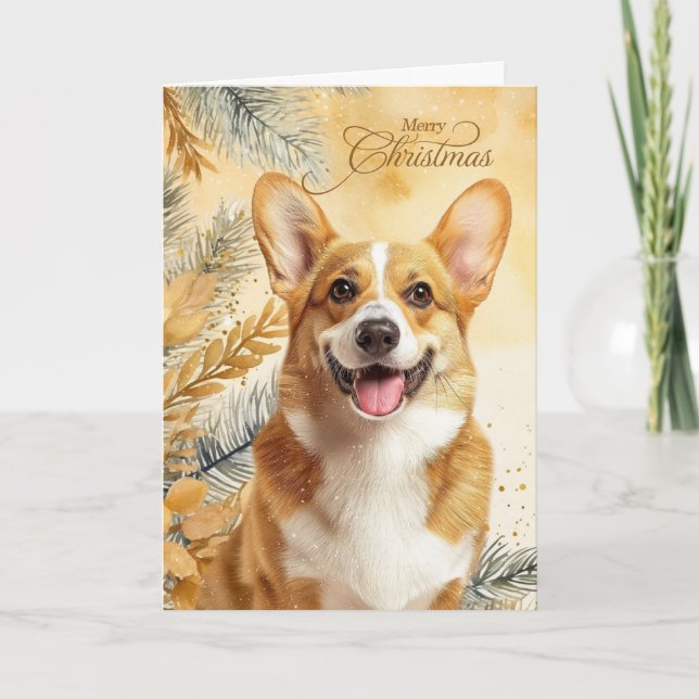 Pembroke Welsh Corgi Dog and Golden Pines Holiday Card (Front)