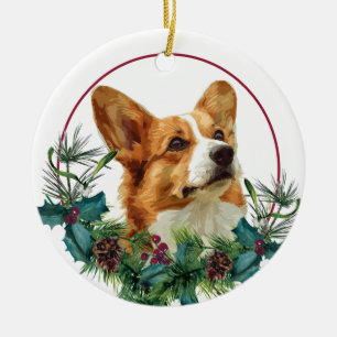 Pembroke Welsh Corgi Dog Evergreen Wreath Ceramic Ornament