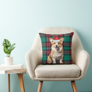 Pembroke Welsh Corgi Dog Green Plaid Christmas Cushion
