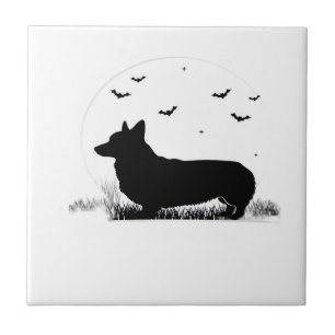 Pembroke Welsh Corgi Dog ? Halloween Moon Silhouet Ceramic Tile