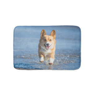 Pembroke Welsh Corgi Dog Running On The Beach Bath Mat
