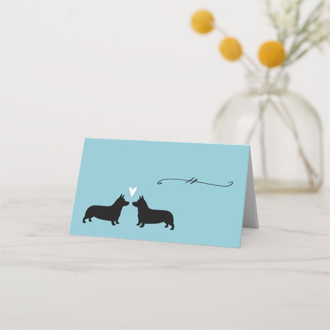Pembroke Welsh Corgi Dog Silhouettes Wedding Place Card (Front)