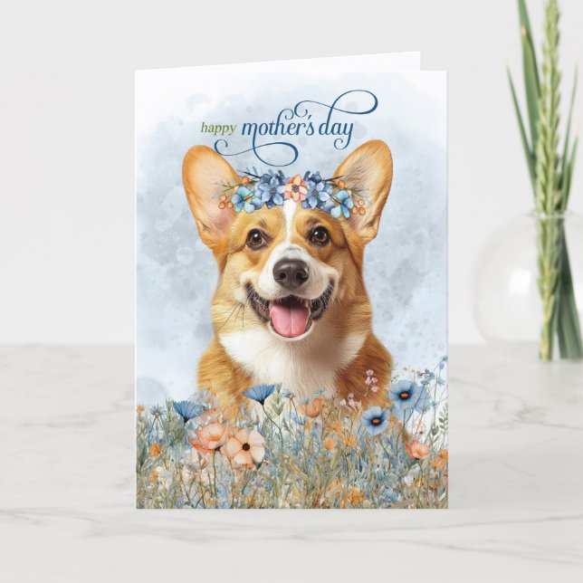 Pembroke Welsh Corgi Dog Wildflowers Mother's Day Holiday Card (Front)