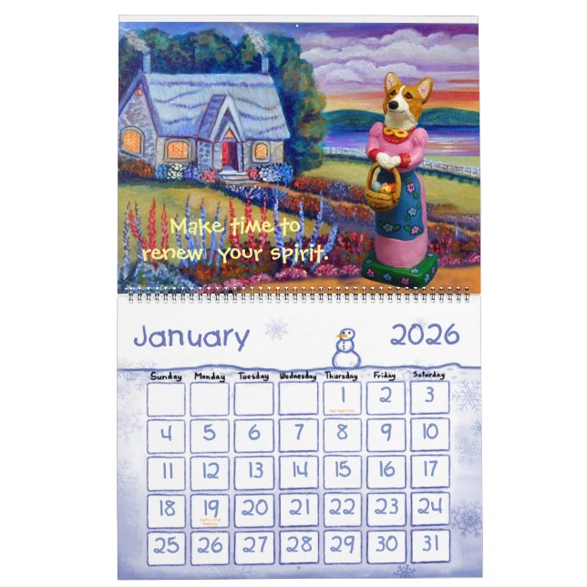 Pembroke Welsh Corgi Folk Art Calendar (Jan 2026)