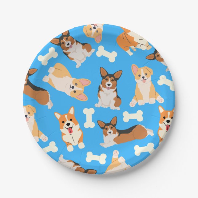 Pembroke Welsh Corgi Pattern Blue  Paper Plate (Front)