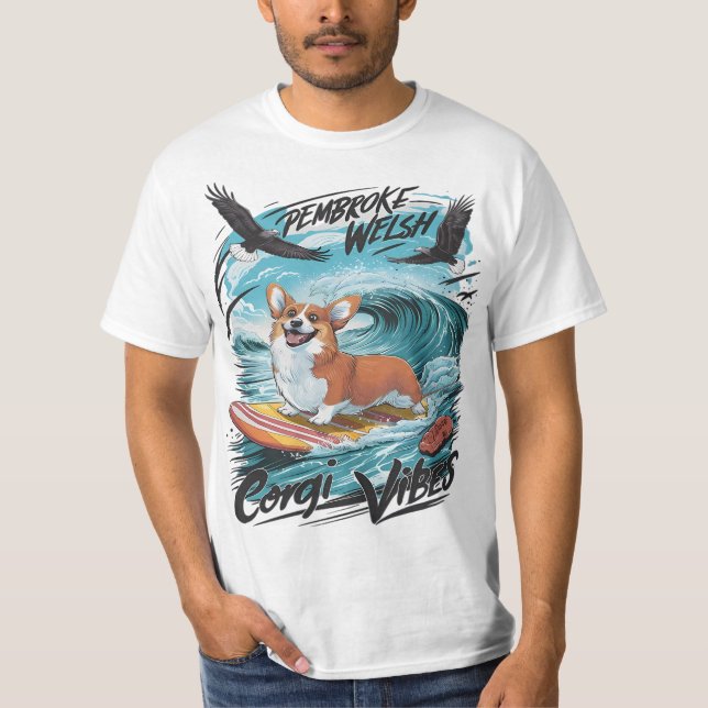 Pembroke Welsh Corgi Surfing The Wave Rider T-Shirt (Front)