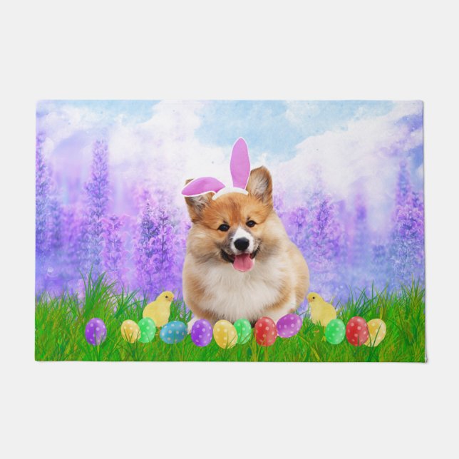 Pembroke Welsh Corgi with Easter Eggs Bunny Chick Doormat (Front)