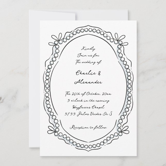 Pen and Ink Ribbons and Pearls Wedding Invitation (Front)