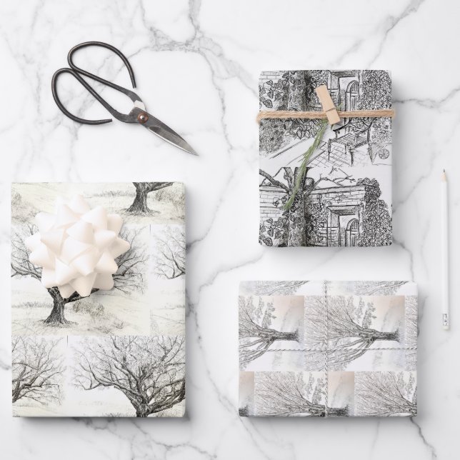 Pen and Ink Tree drawing Wrapping Paper Sheet (Front)
