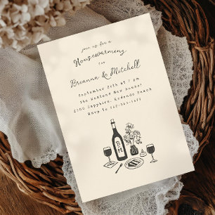 Pen Ink Whimsical Hand Drawn Cocktail House Party Invitation