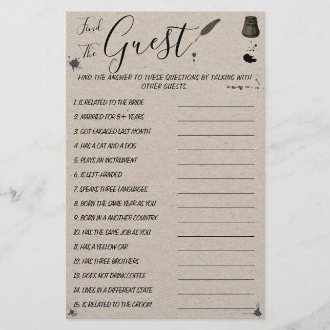 Pen & Inkwell | Find the Guest  Shower Game Card (Front)