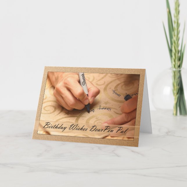 Pen Pal Birthday Card with hands writing Happy Bir (Front)