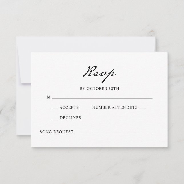 Pen Script Minimalist Calligraphy White Wedding RSVP Card (Front)