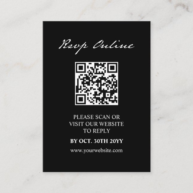Pen Script Minimalist QR Code Black Wedding RSVP Enclosure Card (Front)