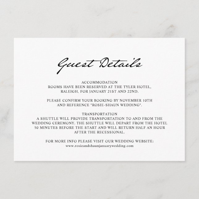 Pen Script Minimalist White Wedding Guest Details Enclosure Card (Front)
