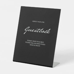 Pen Script Modern Minimal Guestbook Black Wedding Pedestal Sign