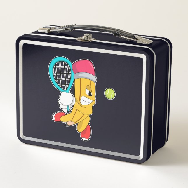 Pencil at Tennis with Tennis racket Metal Lunch Box (Front)