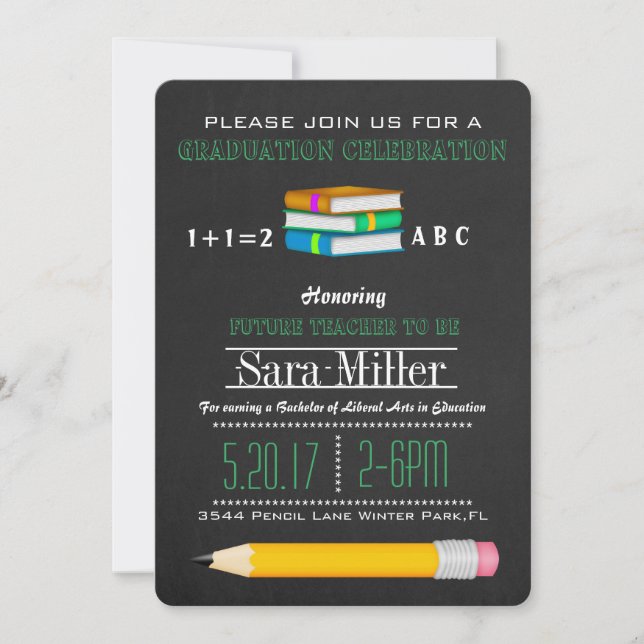 Pencil & Books Teacher Graduation Invitation (Front)