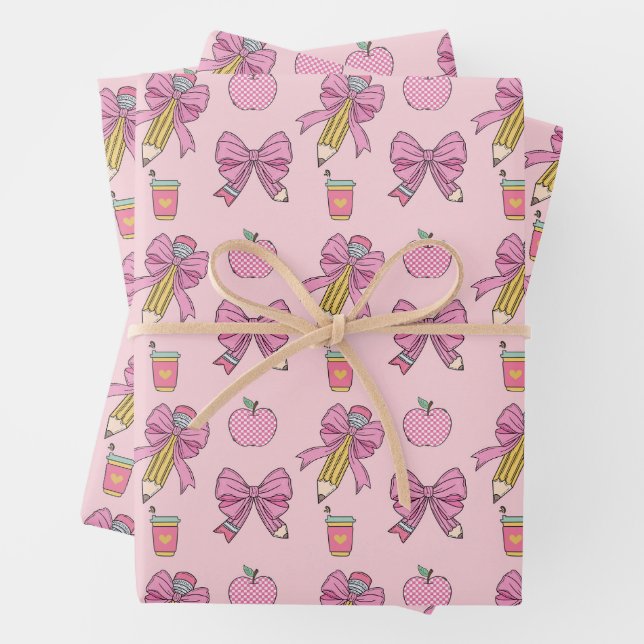 Pencil Coquette Bow Pattern Wrapping Paper Sheet (In situ)
