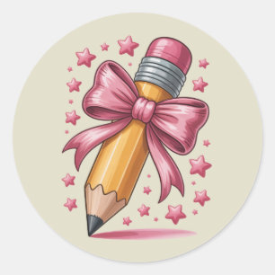 Pencil Coquette Bow Teacher Appreciation School Classic Round Sticker