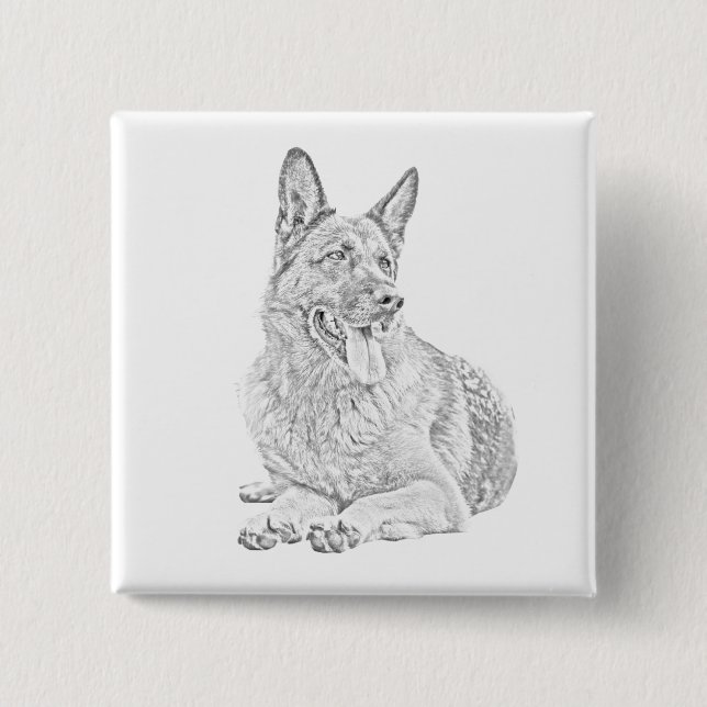 Pencil Drawing German Shepherd Pin Button (Front)