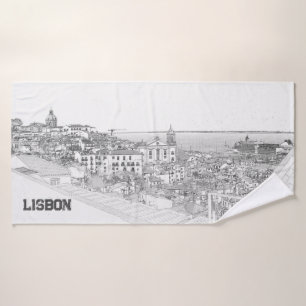 Pencil drawing of Alfama district in Lisbon Bath Towel
