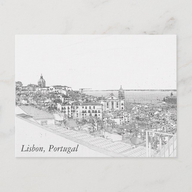 Pencil drawing of Alfama district in Lisbon Postcard (Front)