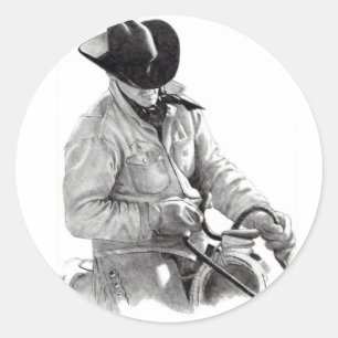 Pencil Drawing of Cowboy in Saddle, Western Art Classic Round Sticker