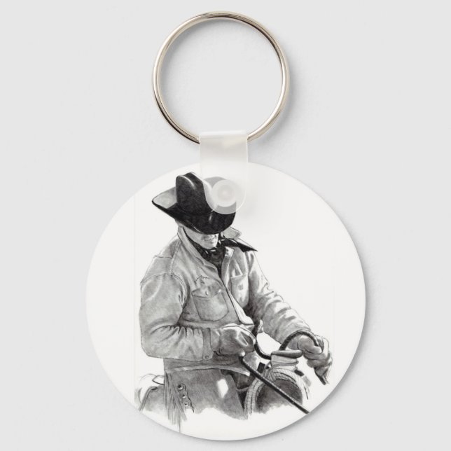 Pencil Drawing of Cowboy in Saddle, Western Art Key Ring (Front)