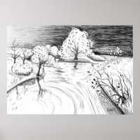 Pencil drawing relaxing nature scene trees river