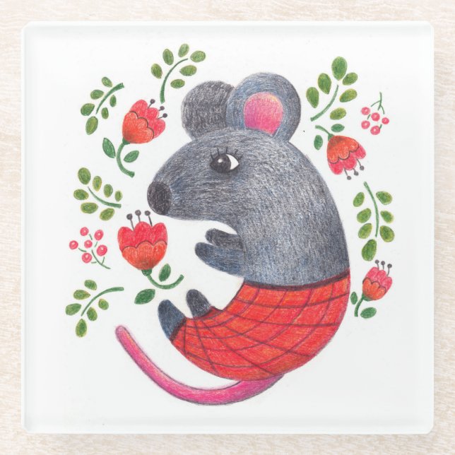Pencil drawn mouse glass coaster (Front)