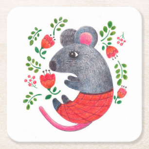 Pencil drawn mouse square paper coaster