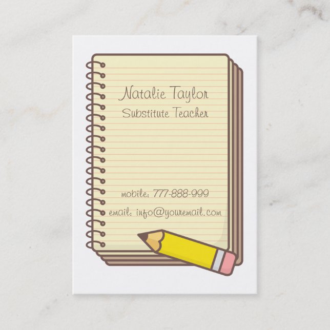 Pencil Notepad Substitute Teacher Business Cards (Front)
