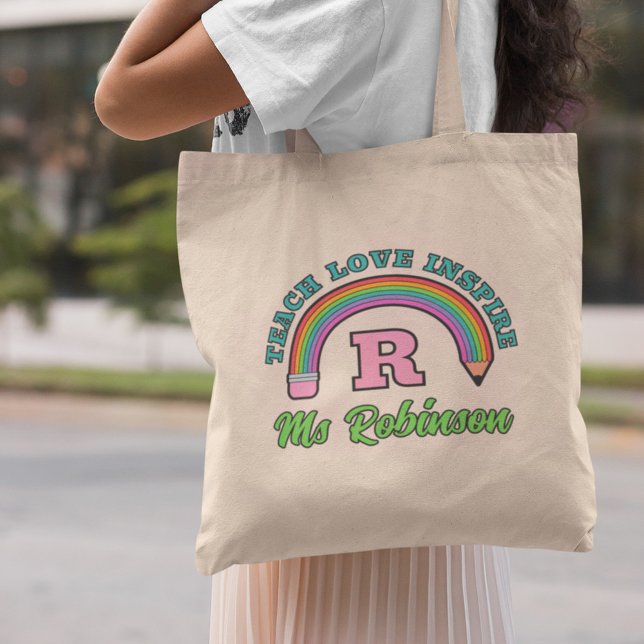 Pencil Rainbow Teach Love Inspire Monogram Tote Bag (Creator Uploaded)
