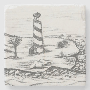 Pencil Sketch Lighthouse on island in the Sea Stone Coaster