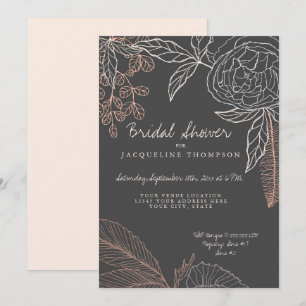 Pencil Sketch Line Art Charcoal Floral Peony Leaf Invitation