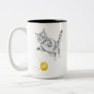 Pencil Sketch of a Tabby Cat at Play Two-Tone Coffee Mug