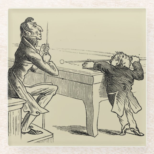 Pencil Sketch of Two Men Playing Pool Glass Coaster (Front)