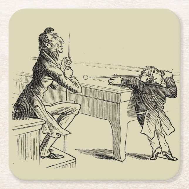 Pencil Sketch of Two Men Playing Pool Square Paper Coaster (Front)