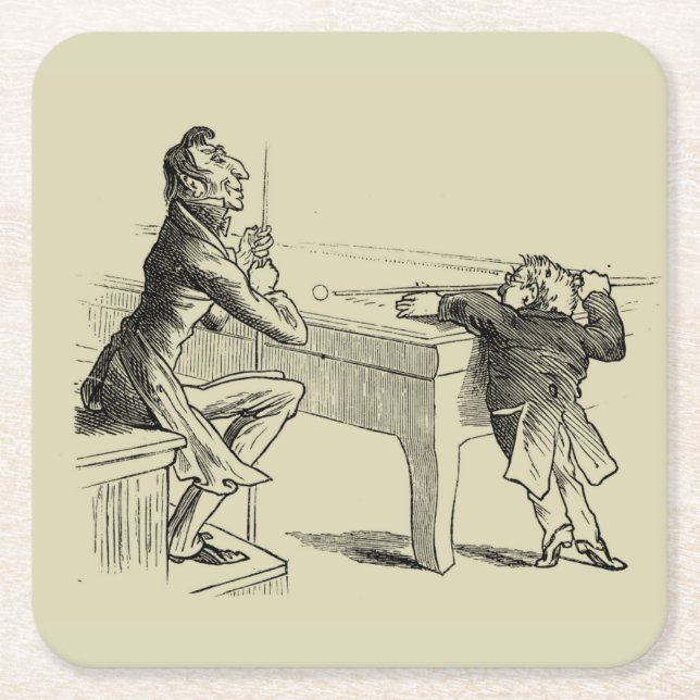 Pencil Sketch of Two Men Playing Pool Square Paper Coaster (Front)