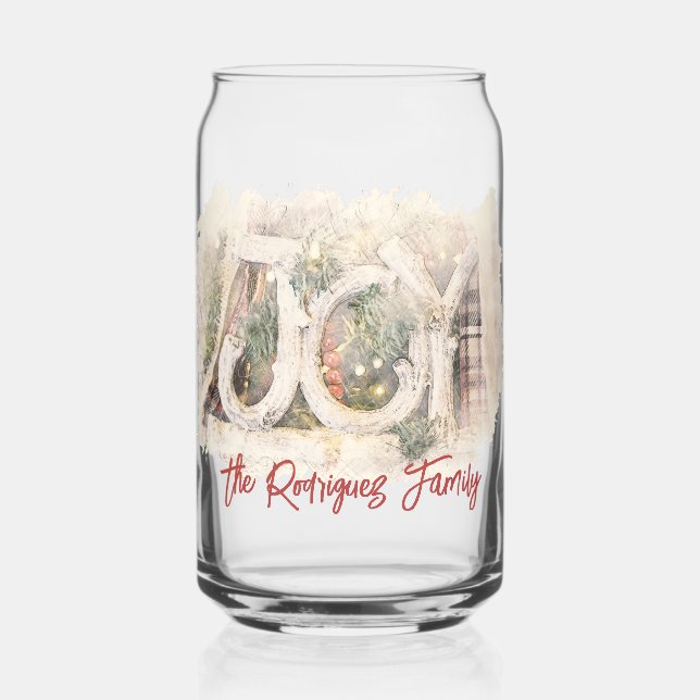 Pencil Sketch Rustic JOY Christmas Art Can Glass (Left)