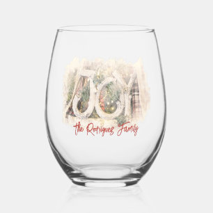 Pencil Sketch Rustic JOY Christmas Art Stemless Wine Glass