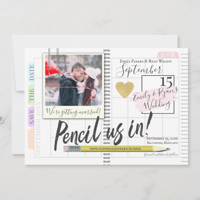 Pencil Us In Bullet Journal Calendar Photo Save The Date (Front)