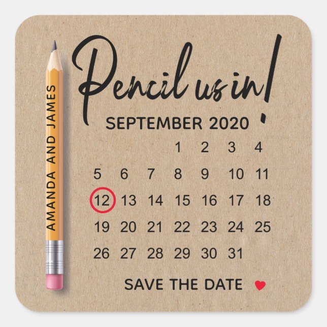 Pencil Us In Calendar Cardboard Save The Date Square Sticker (Front)